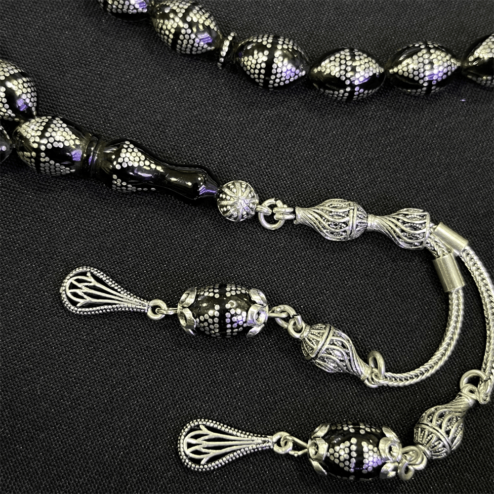 Silver Embroidered Handcrafted Genuine Erzurum Oltu Stone Prayer Beads