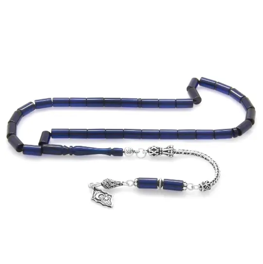 925 K Silver Tasselled Kesme Cut Navy Pressed Amber Prayer Beads