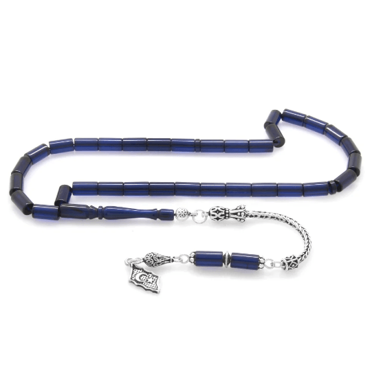 925 Sterling Silver Cut Dark Blue Crimped Amber Rosary with Tassels