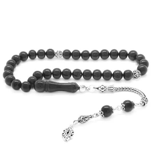 925 K Silver Tasselled Sphere Cut Plain Erzurum Oltu Stone Prayer Beads