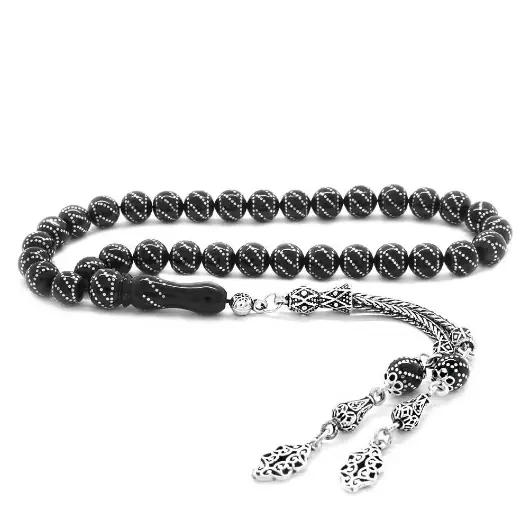 925 K Silver Tasselled Silver Yanburgu Engraved Erzurum Oltu Stone Prayer Beads