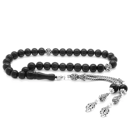 Silver Double Tasselled Sphere Cut Erzurum Oltu Stone Prayer Beads