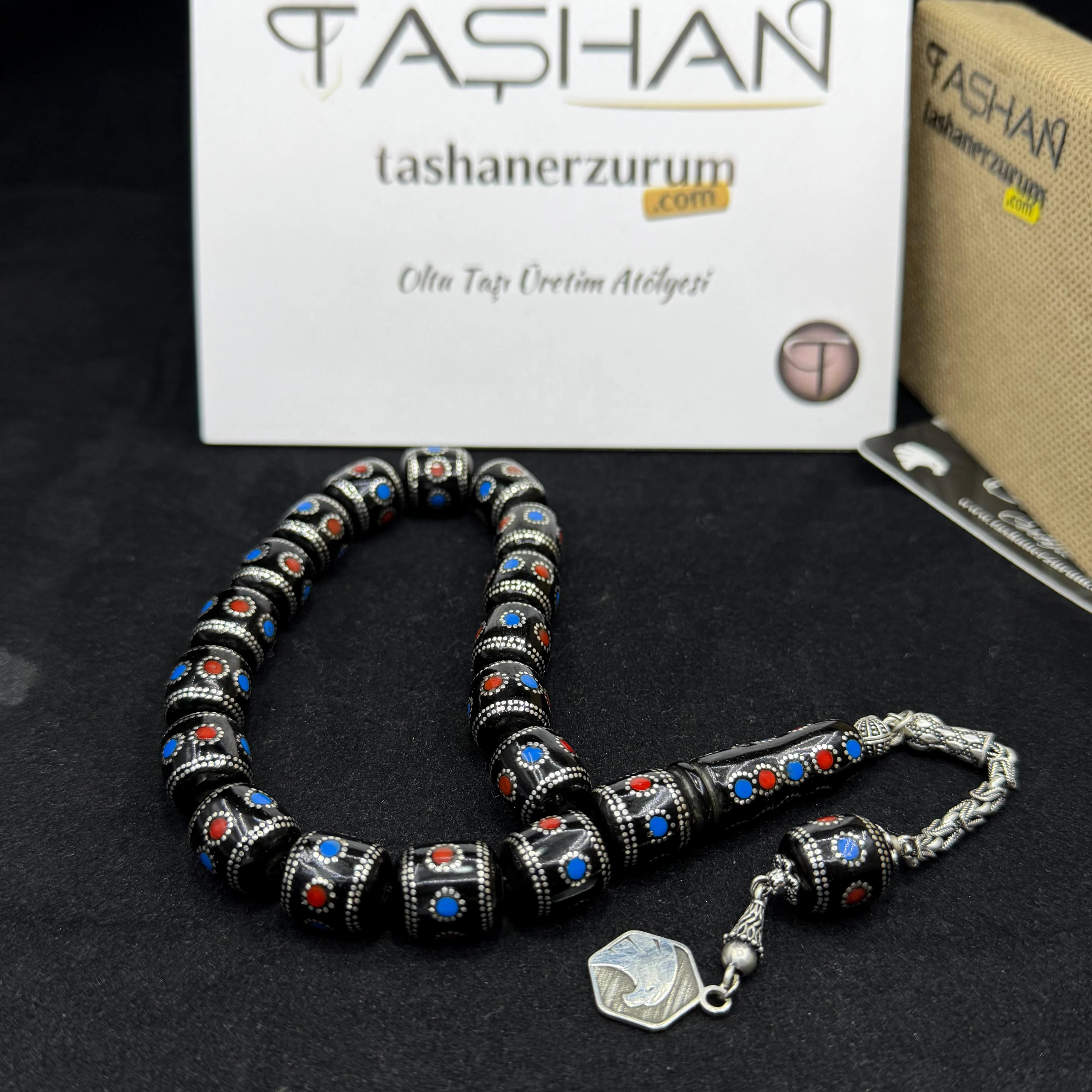 الفضة والفيروز - المرجان المطرزة كبسولة قطع برميل حجر أرضروم أولتو 17 قطعة مسبحة الإجهاد Efe