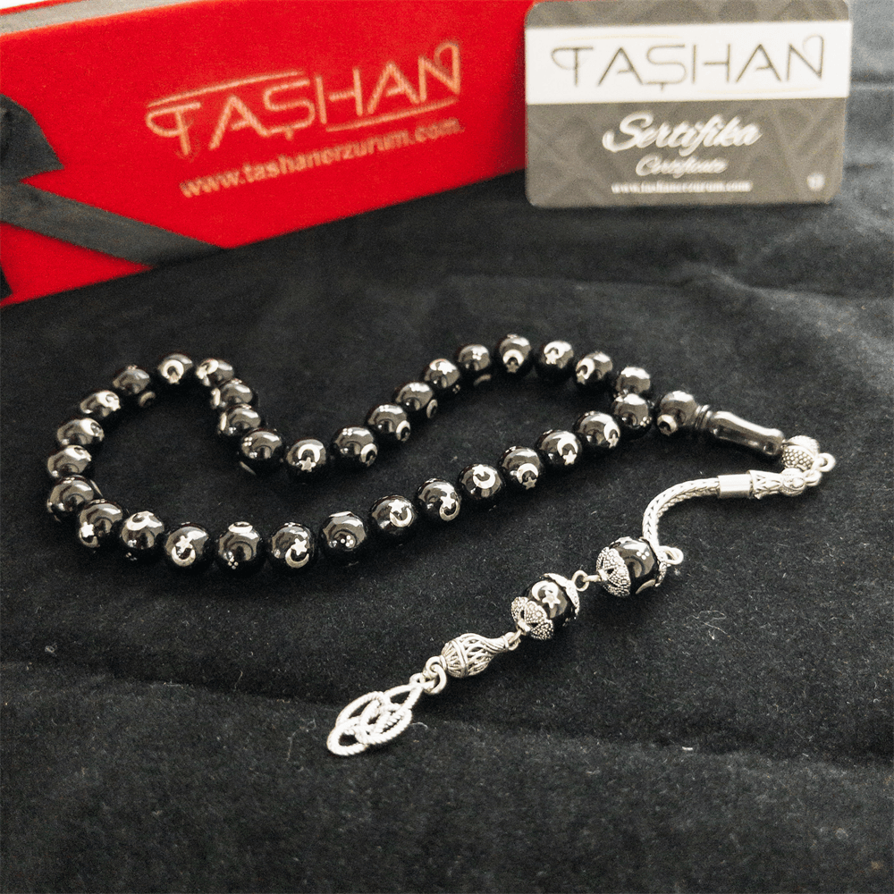 Silver Crescent and Star Embroidered Oltu Stone Rosary