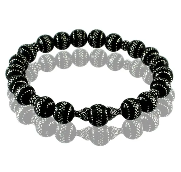Silver Inlay Engraved Oltu Stone Bracelet