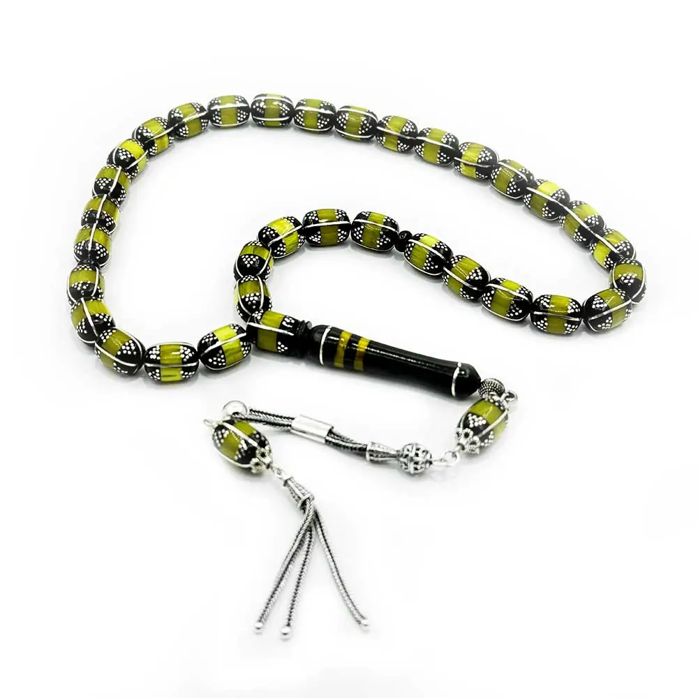Drop Amber Sarmal Usta Crafted Silver Tasselled Erzurum Oltu Stone Prayer Beads