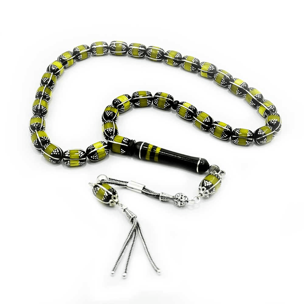 Damla Amber Spiral Master Craftsmanship Silver Tasseled Oltu Stone Prayer Beads