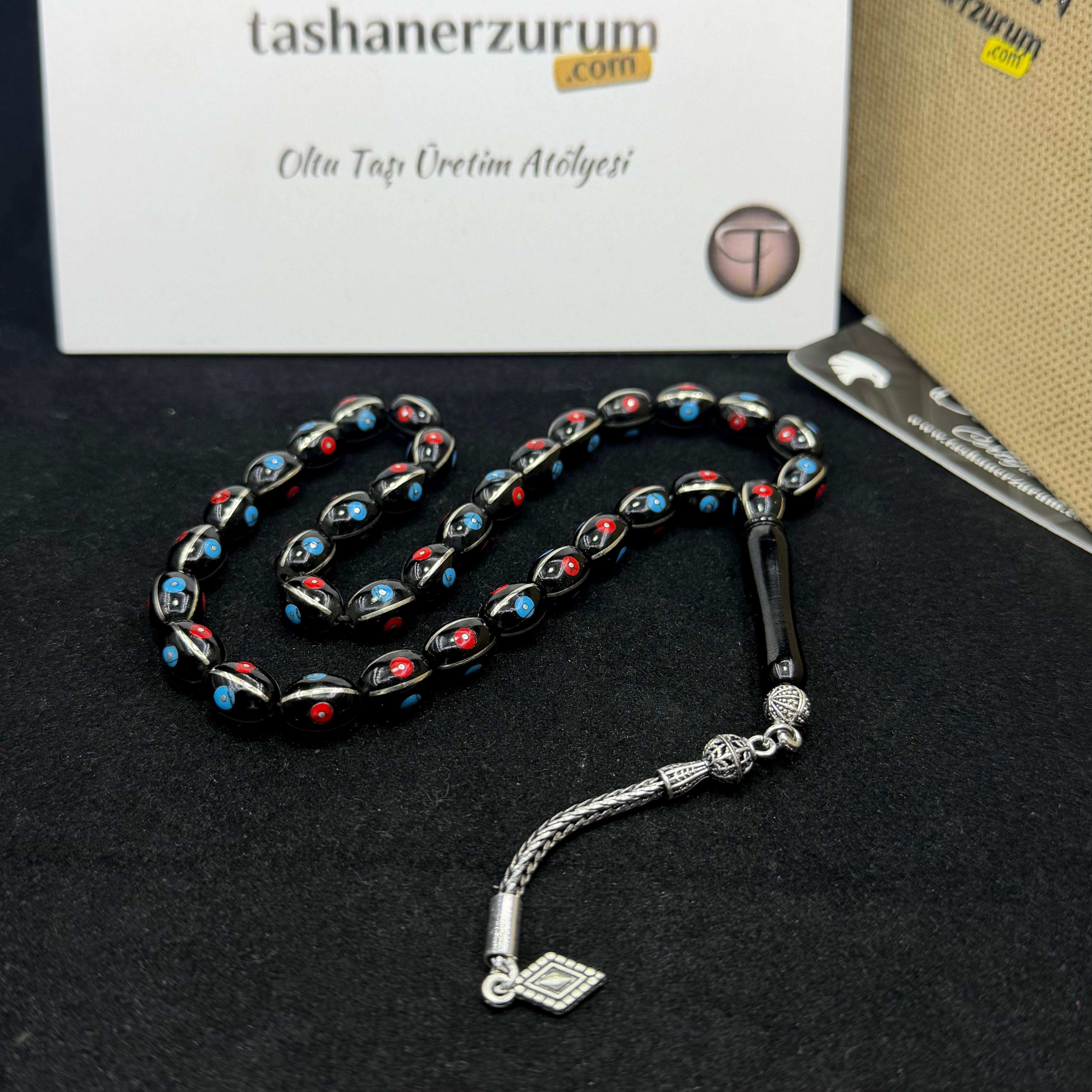 Gümüş Yarma Firuze ve Mercan İşlemeli Erzurum Oltu Taşı Tesbih