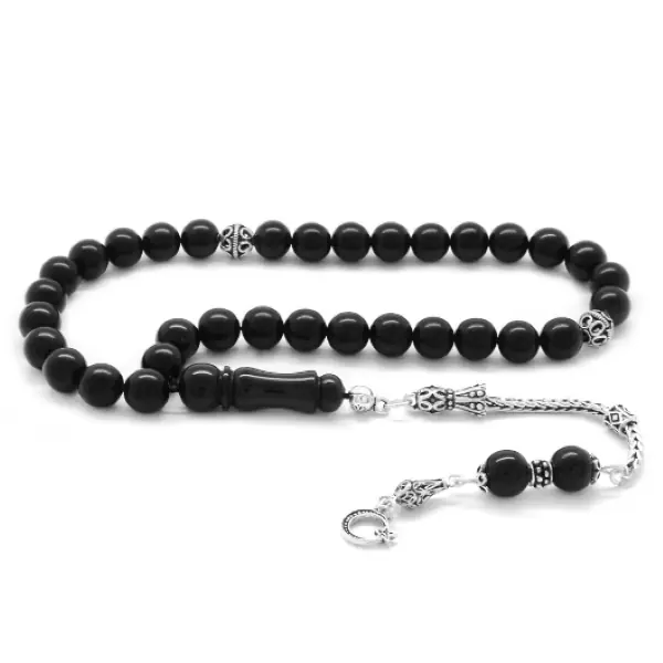 Silver Tasselled Sphere Cut Erzurum Oltu Stone Prayer Beads