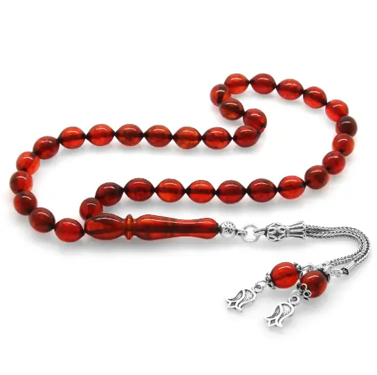 925 K Silver Tasselled Arpa Cut Moiré Soft Red Drop Amber Prayer Beads
