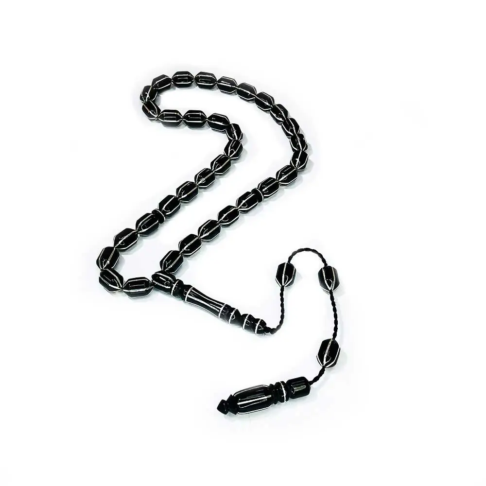 Silver Engraved Usta Handcrafted Tipped Capsule Cut Erzurum Oltu Stone Prayer Beads