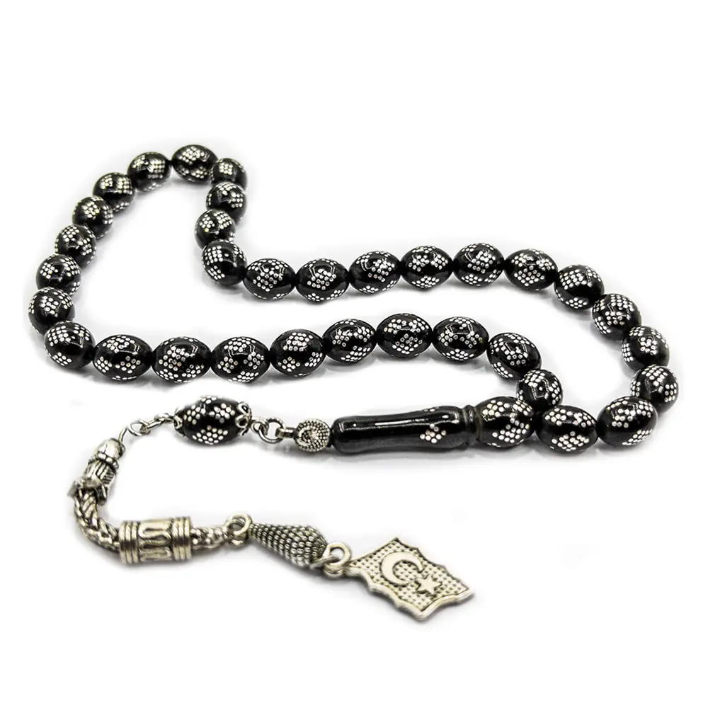 Silver Baklava Engraved Erzurum Oltu Stone Prayer Beads