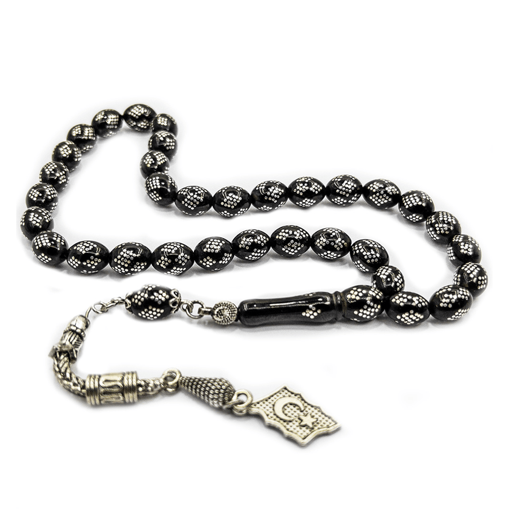 Silver Diamond Embroidered Erzurum Oltu Stone Prayer Beads