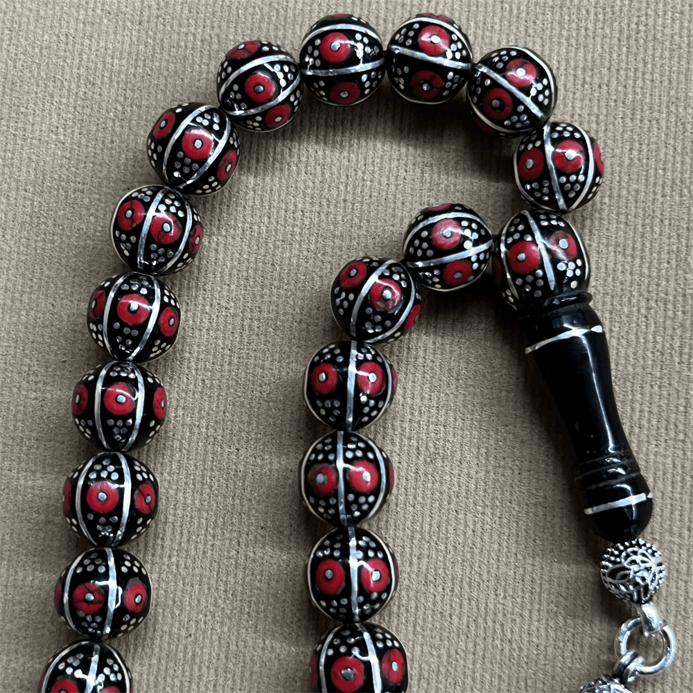 Silver Coral Embroidered Erzurum Oltu Stone Rosary