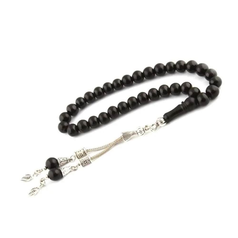 Silver Double Tasselled Plain Erzurum Oltu Stone Prayer Beads
