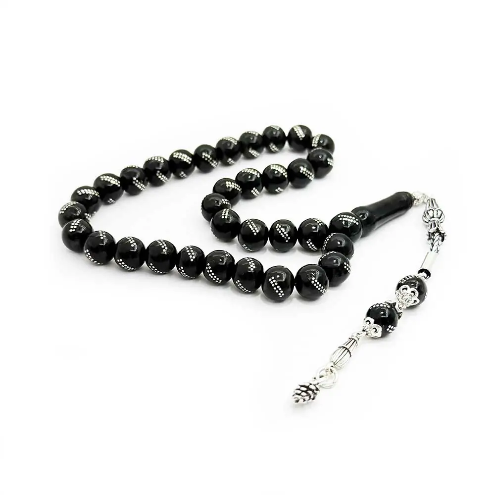 Silver Tasselled Silver Engraved Sphere Cut Erzurum Oltu Stone Prayer Beads