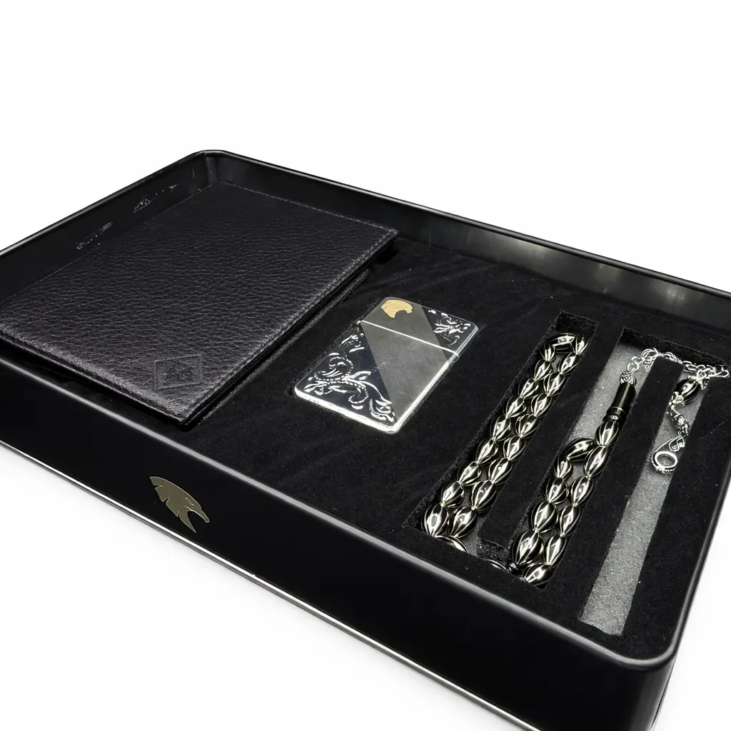 Platin Erzurum Oltu Stone Prayer Beads Wallet & Lighter Gift Set