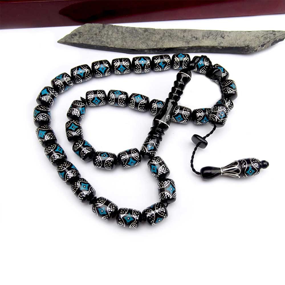 Silver Turquoise Embroidered Collectible Handcrafted Erzurum Oltu Stone Prayer Beads