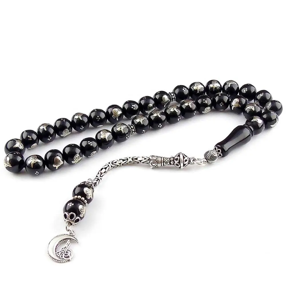 Silver Tughra Engraved Handcrafted Erzurum Oltu Stone Prayer Beads