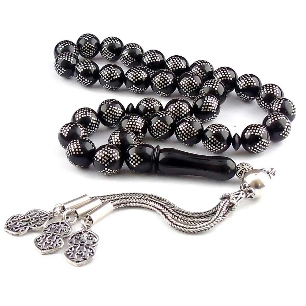 925 K Silver Baklava Engraved Erzurum Oltu Stone Prayer Beads