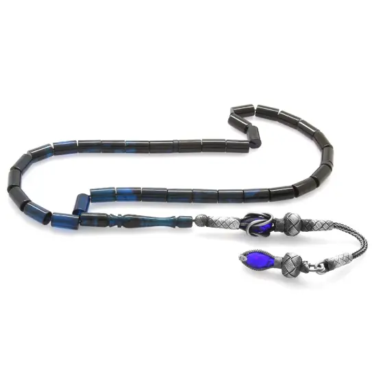 1000 K Silver Kazaz Tasselled Kesme Cut Süzme Blue-Siyah Pressed Amber Prayer Beads