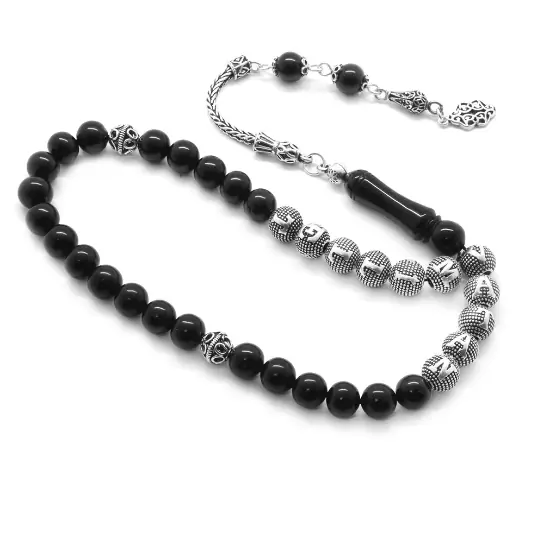 925 K Silver Tasselled Sphere Cut Name Engraved Erzurum Oltu Stone Prayer Beads