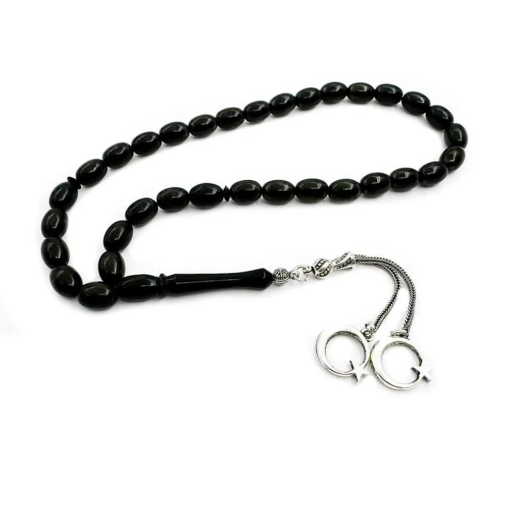 Silver Tasselled Arpa Cut Erzurum Oltu Stone Prayer Beads