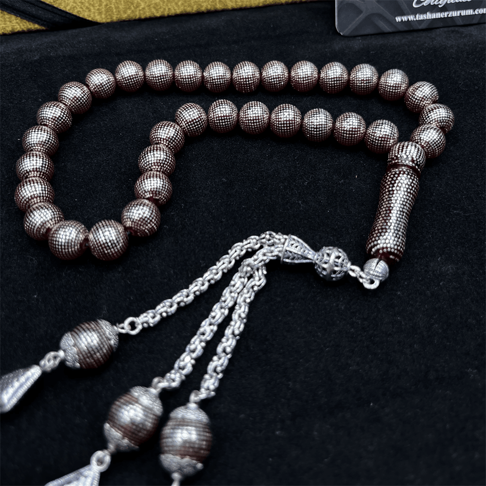 Intense Silver Embroidered Handcrafted Amber Prayer Beads