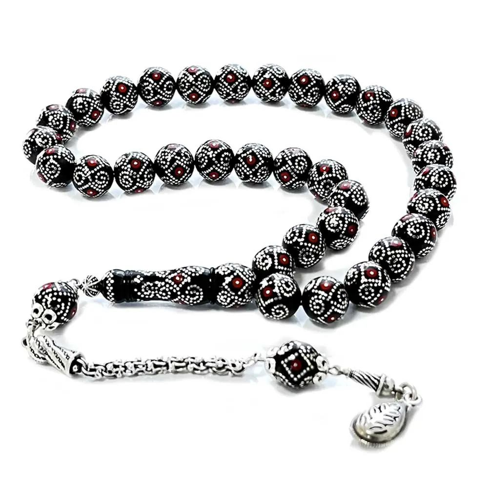 Silver Coral Engraved Erzurum Handcrafted Oltu Stone Prayer Beads