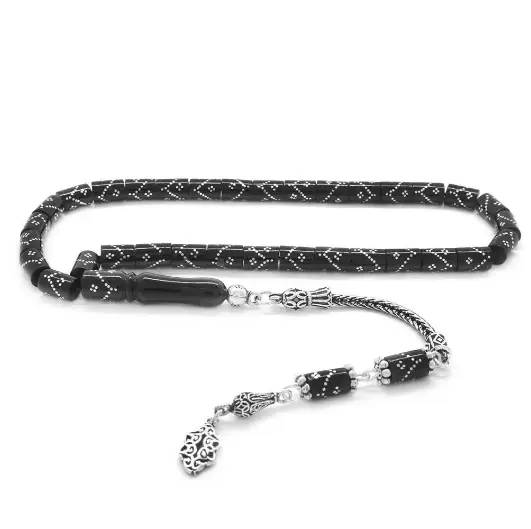 925 K Silver Tasselled Silver Zigzag Engraved Kesme Cut Erzurum Oltu Stone Prayer Beads