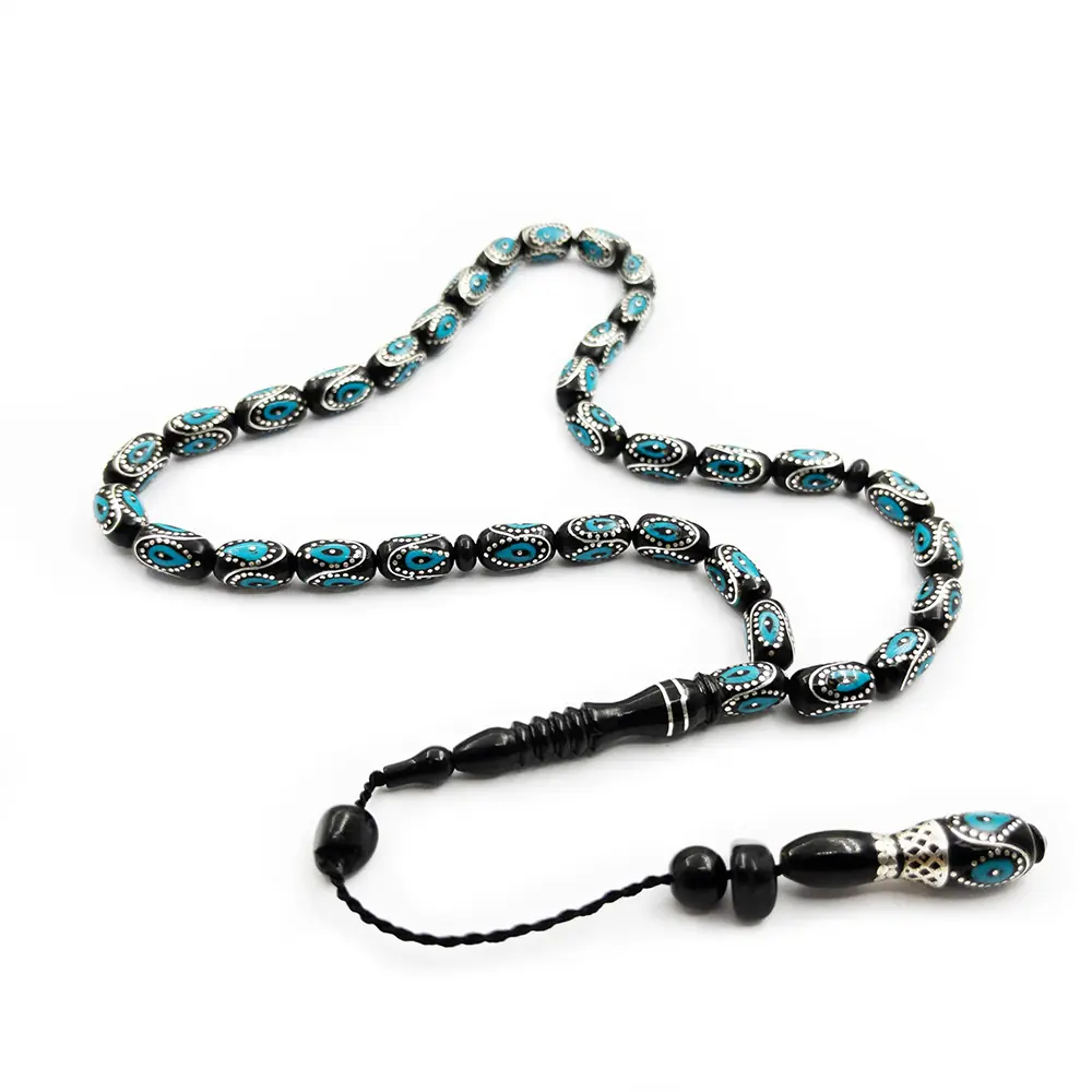 Silver Turquoise Engraved Capsule Cut Erzurum Oltu Stone Prayer Beads