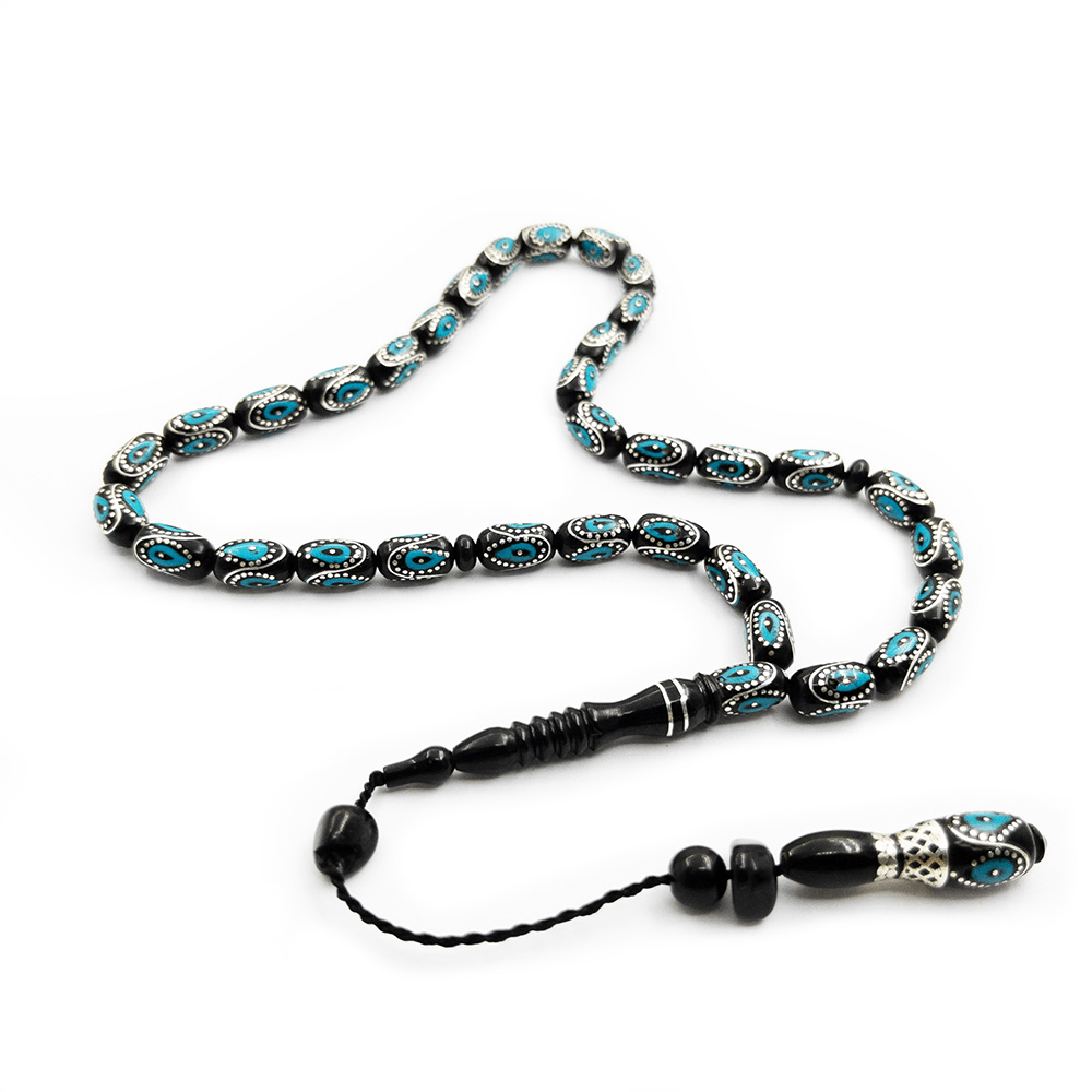 Silver Turquoise Embroidered Capsule Cut Erzurum Oltu Stone Rosary