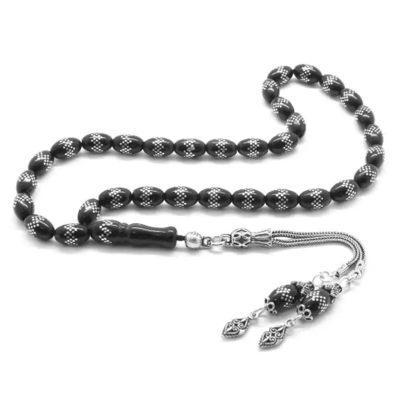 Silver Engraved Arpa Cut Erzurum Oltu Prayer Beads