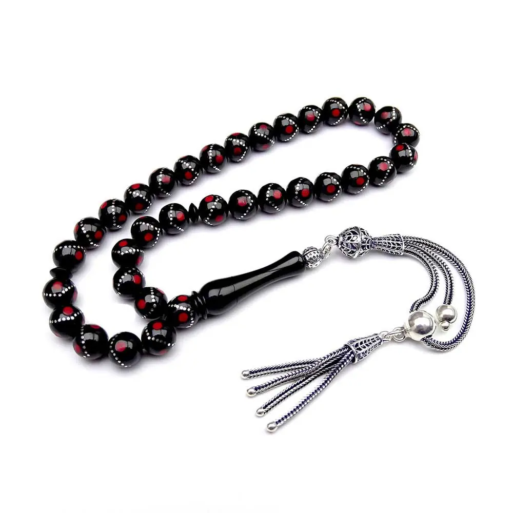 Silver Coral Engraved Erzurum Oltu Stone Prayer Beads