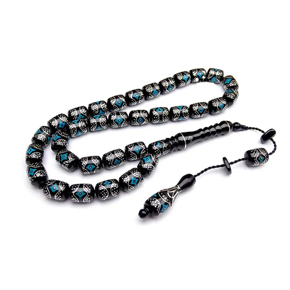 Silver Turquoise Engraved Koleksiyonluk Handcrafted Erzurum Oltu Stone Prayer Beads