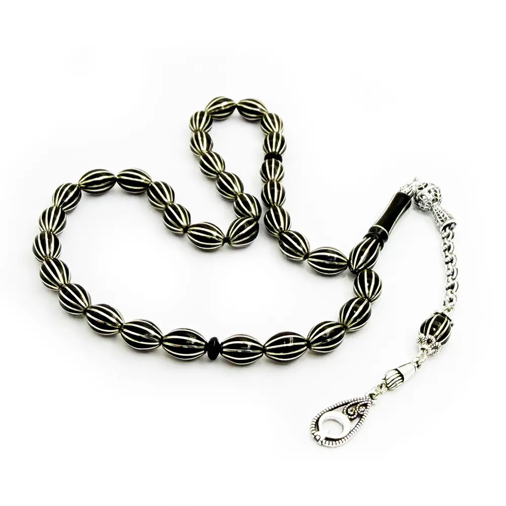 12 li Silver Yarma Badem Cut Handcrafted Erzurum Oltu Stone Prayer Beads