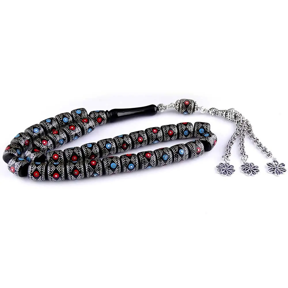 Silver Turquoise Coral Engraved Handcrafted Koleksiyonluk Fıçı Cut Erzurum Oltu Stone Prayer Beads