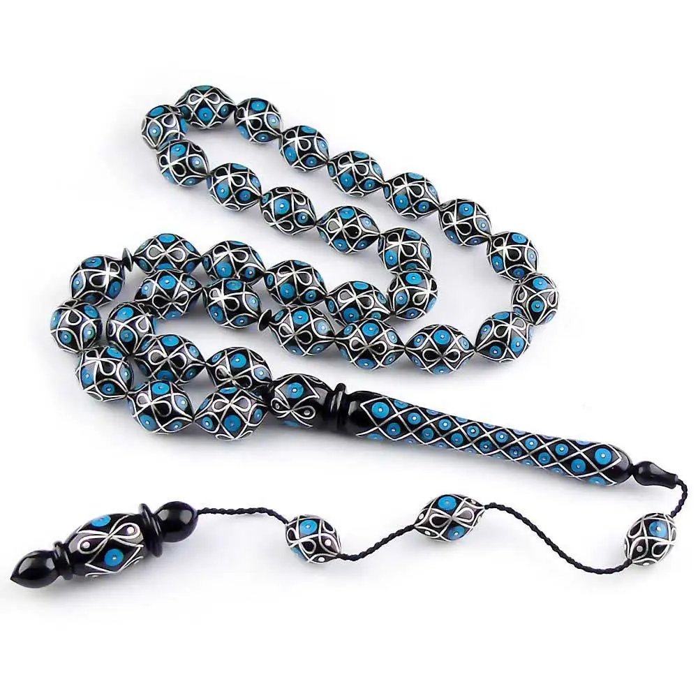 Silver Turquoise Engraved Koleksiyonluk Special Design Handcrafted Erzurum Oltu Stone Prayer Beads