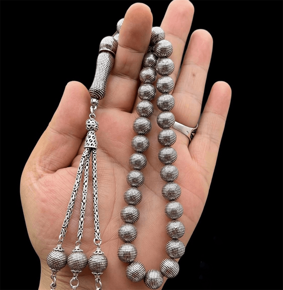 Intense Silver Embroidered Handcrafted Amber Prayer Beads