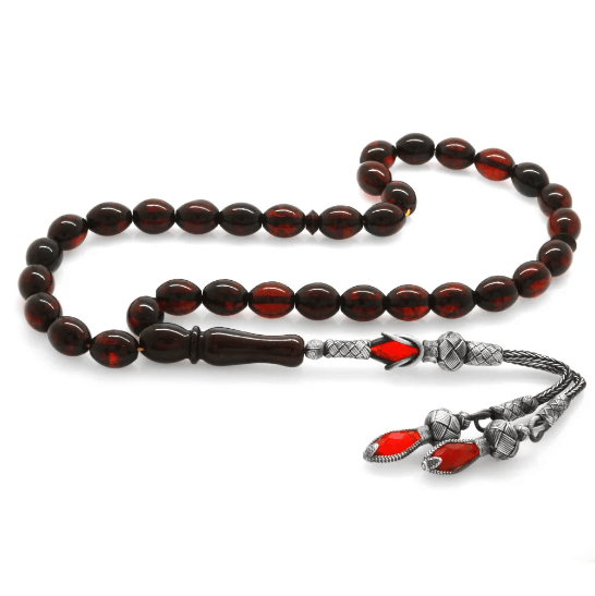 1000 Sterling Silver Kazaz Tasseled Barley Cut Red Drop Amber Rosary