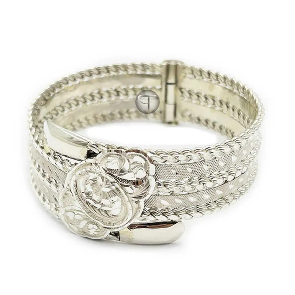 Flower Engraved Filigree Handcrafted Silver Cuff Bangle