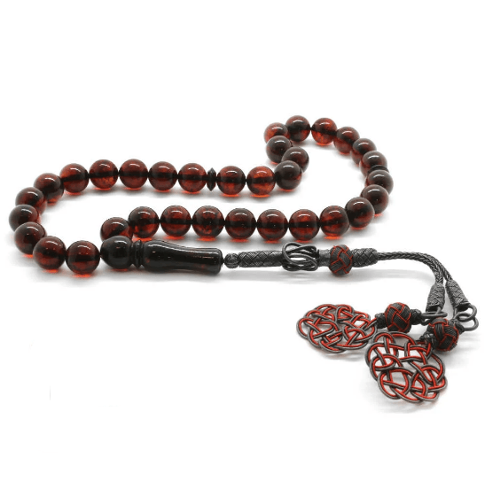 1000 Carat Kazaz Tasseled Sphere Cut Dark Red Drop Amber Rosary