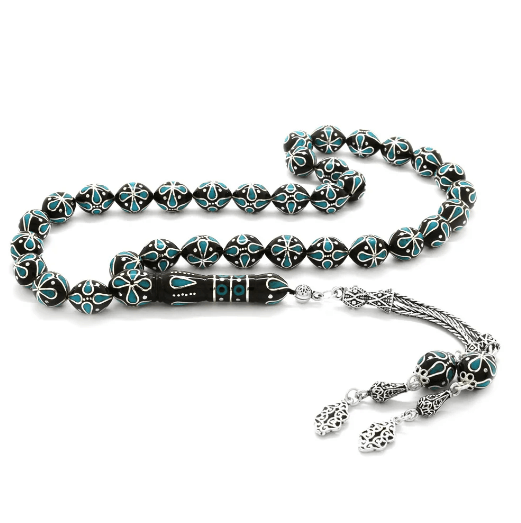 925 Sterling Silver Tasseled Silver-Turquoise Embroidered Erzurum Oltu Stone Rosary