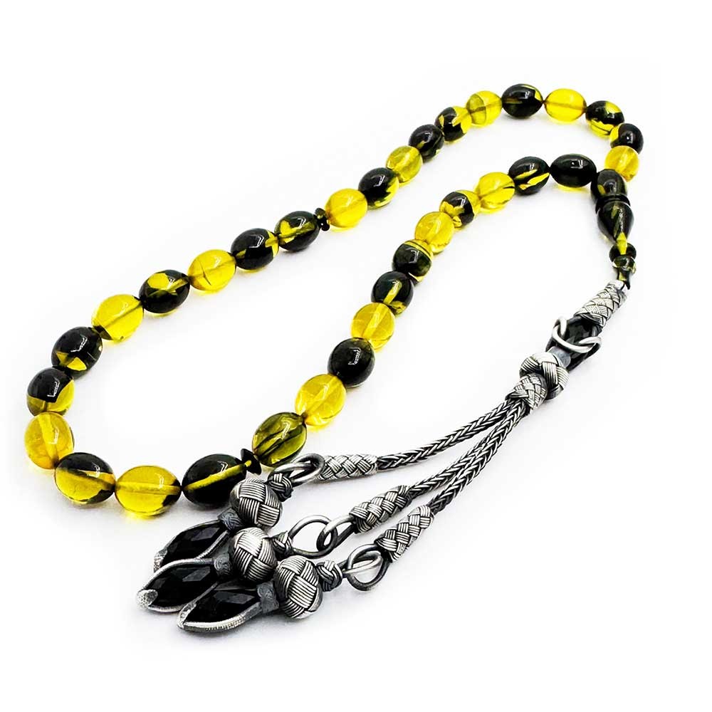 1000 Sterling Silver Kazaz Tasseled Barley Cut Filtered Yellow-Black Fire Amber Rosary
