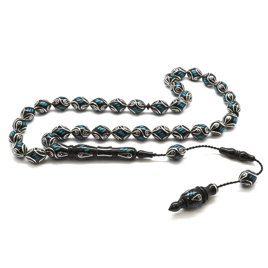 Caliper Workmanship Silver-Turquoise Embroidered Barley Cut Erzurum Oltu Stone Prayer Beads