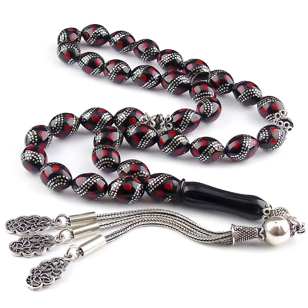 Silver Coral Engraved Special Craftsmanship Erzurum Oltu Stone Prayer Beads