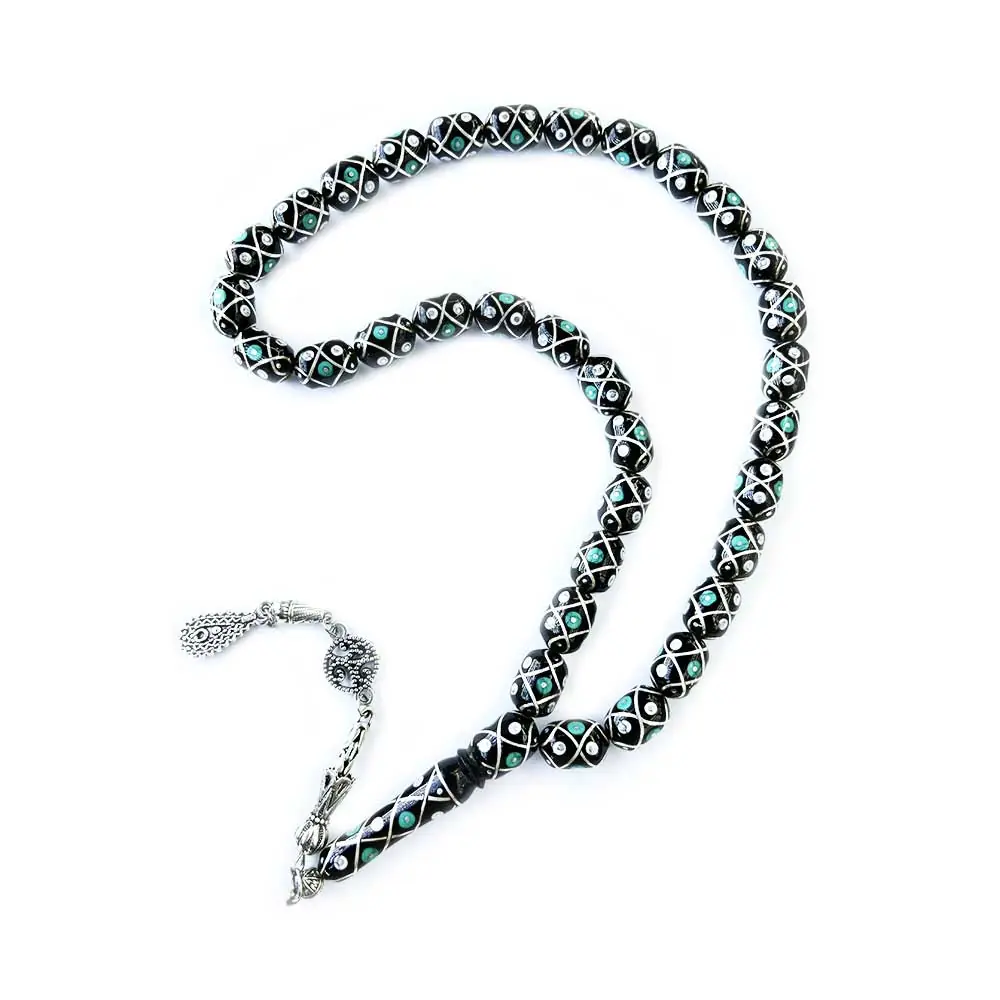 Green Enamel & Silver Kafes Engraved Capsule Cut Usta Crafted Oltu Stone Prayer Beads