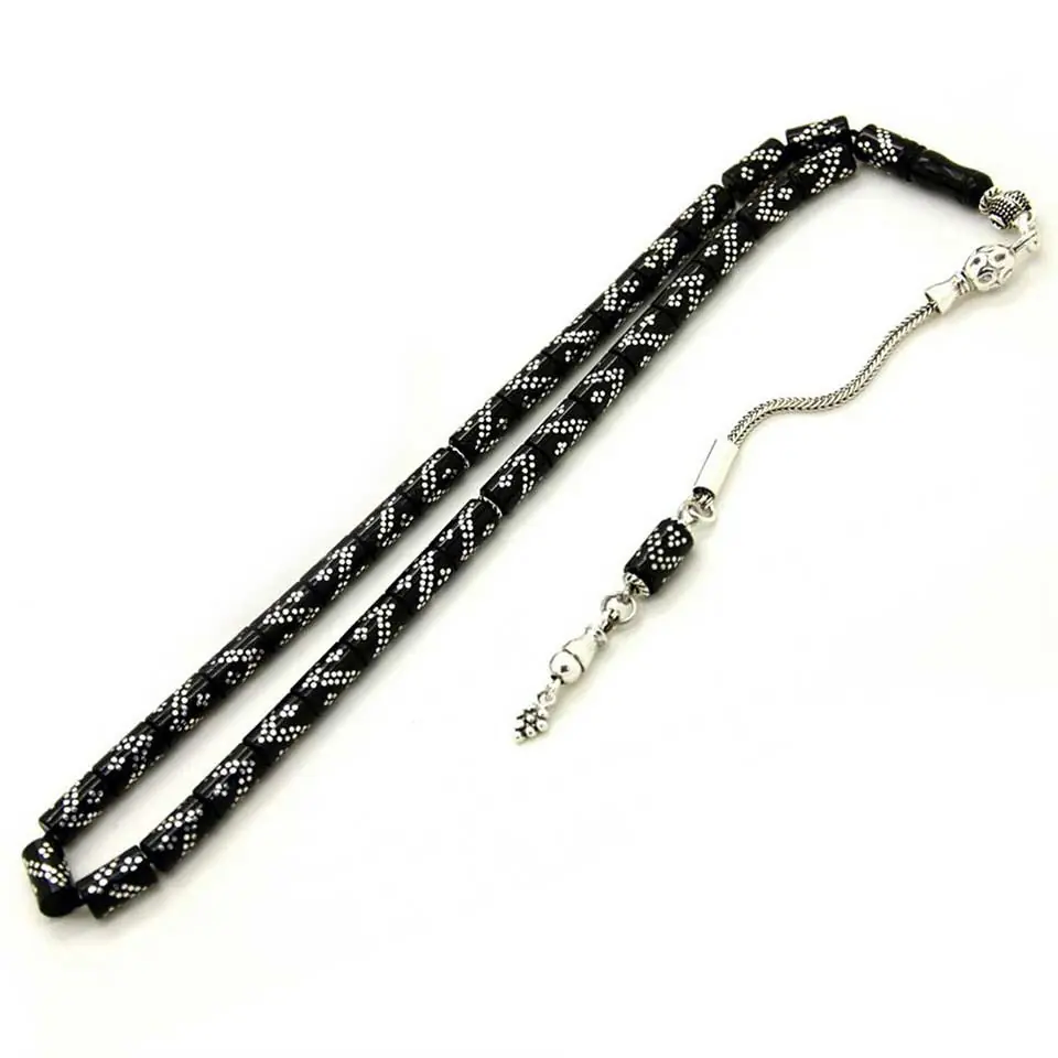 Double Row Silver Engraved Kesme Erzurum Oltu Stone Prayer Beads