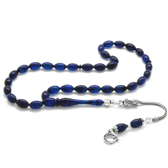 925 K Silver Tasselled Bilek Size Blue-Siyah Pressed Amber Prayer Beads