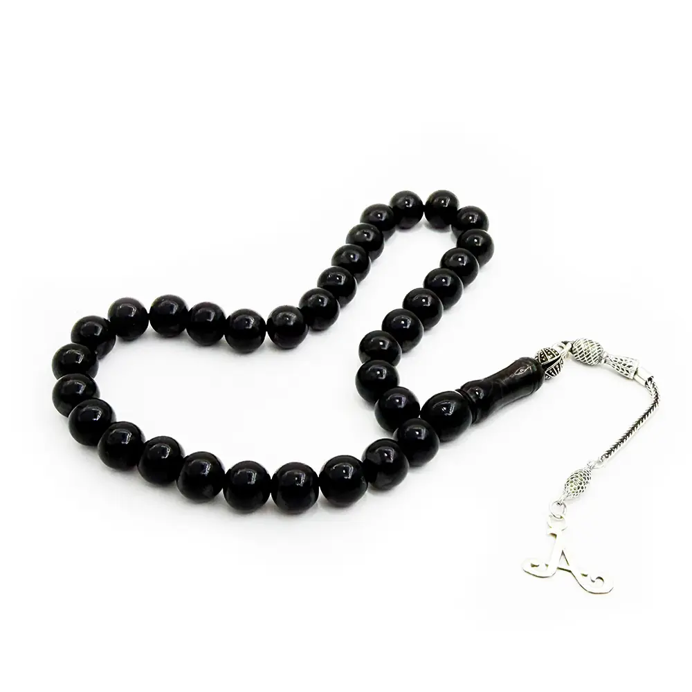 Behzat Ç Silver Tasselled & Initial Erzurum Oltu Stone Prayer Beads